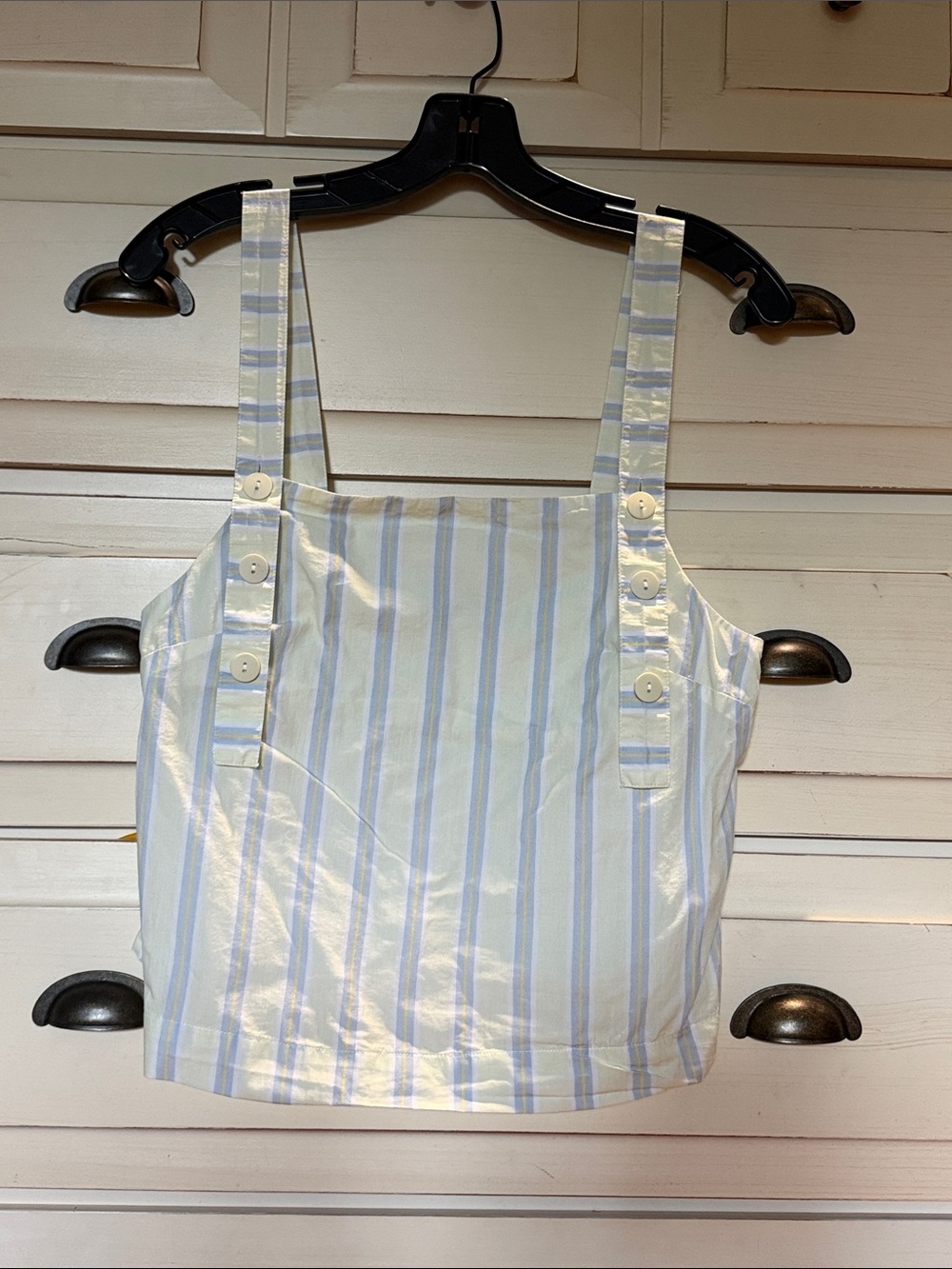 Striped Button-Adjust Crop Tank Top - White & Light Blue